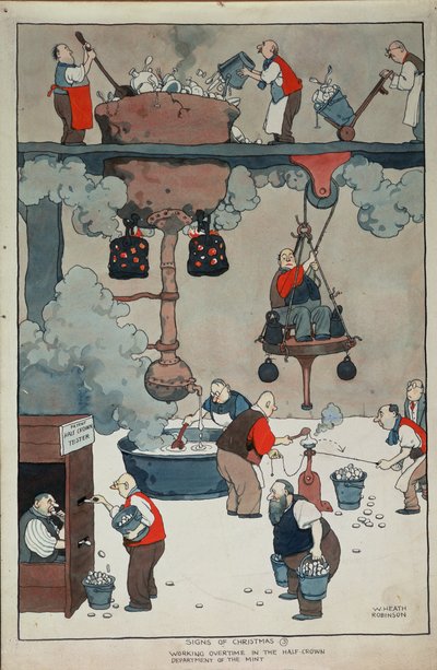 Señales de Navidad. Trabajando horas extras en el Departamento de Media Corona de la Casa de la Moneda de William Heath Robinson